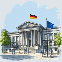 Gerichtshof mit deutscher und EU-Fahne davor